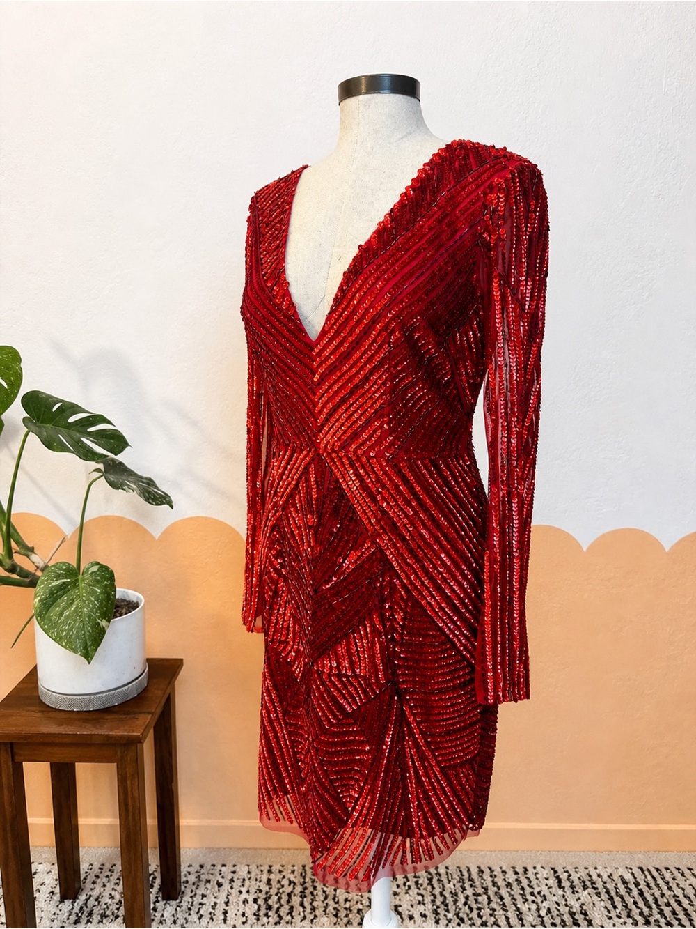 Gianni Bini Red Sloane Sequin Long-Sleeve V-Neck Dress - Picture 3 of 9
